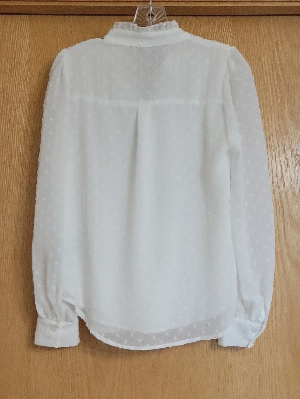White Swiss Dot Ruffled V-Neck Button Down Blouse - Picture 7 of 7